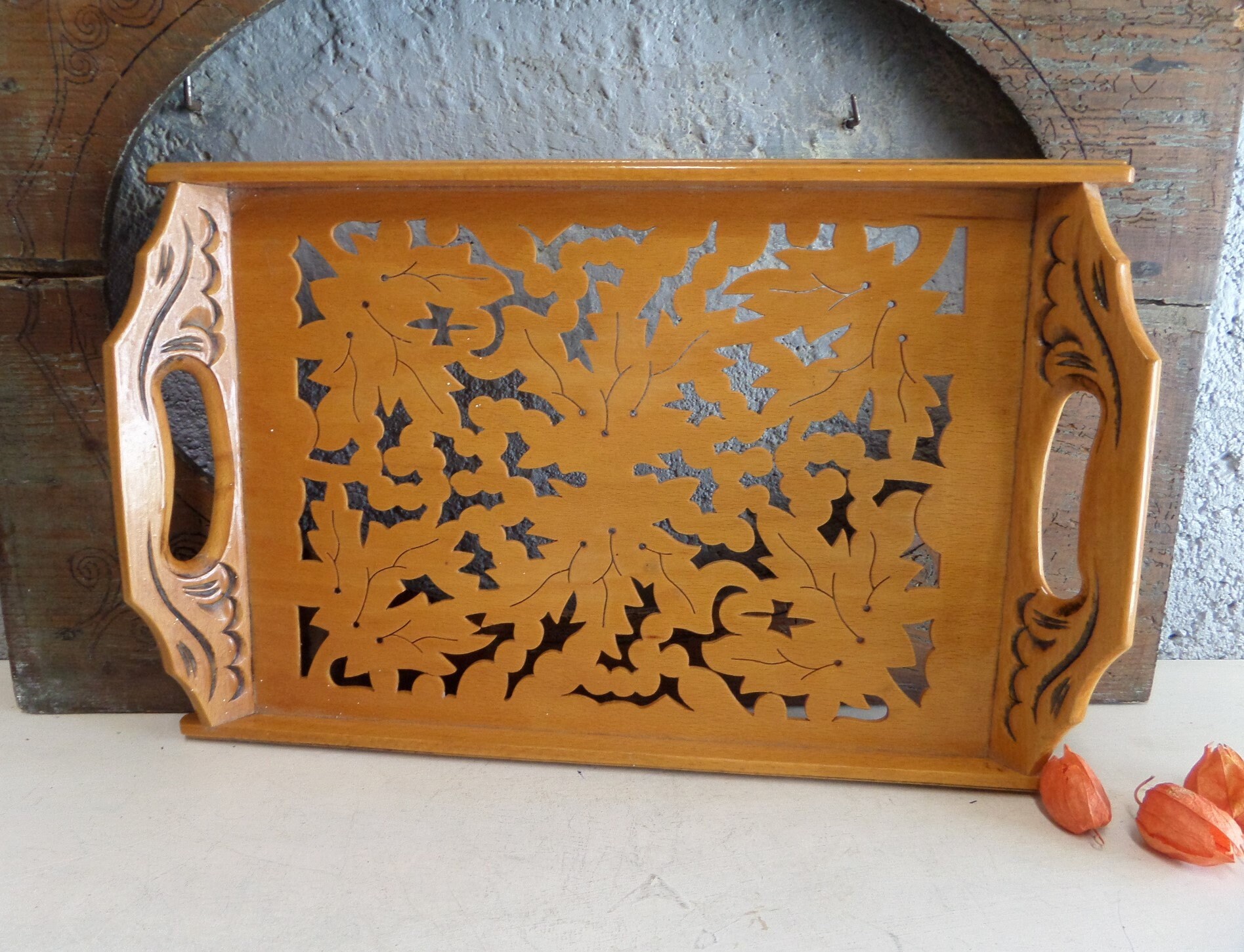 Français Plateau à Ossature Bois Art Nouveau, de Service Vintage Antique Des Années 1930