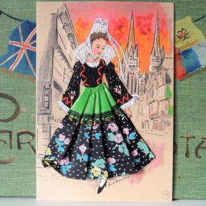 Vintage Breton Lady Costume Embroidered Postcard 1960s