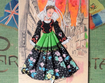 Carte postale vintage brodée en costume de dame bretonne des années 1960