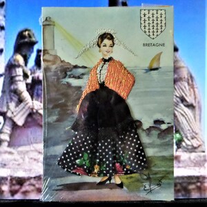 French BRETAGNE   Lady Costume Embroidered Postcard 1960s