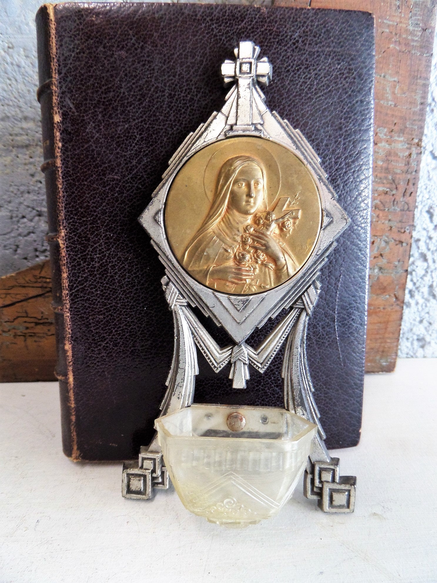Antique 1900 Vierge Marie Religieuse Français Ex Voto Benitier. Années 1900