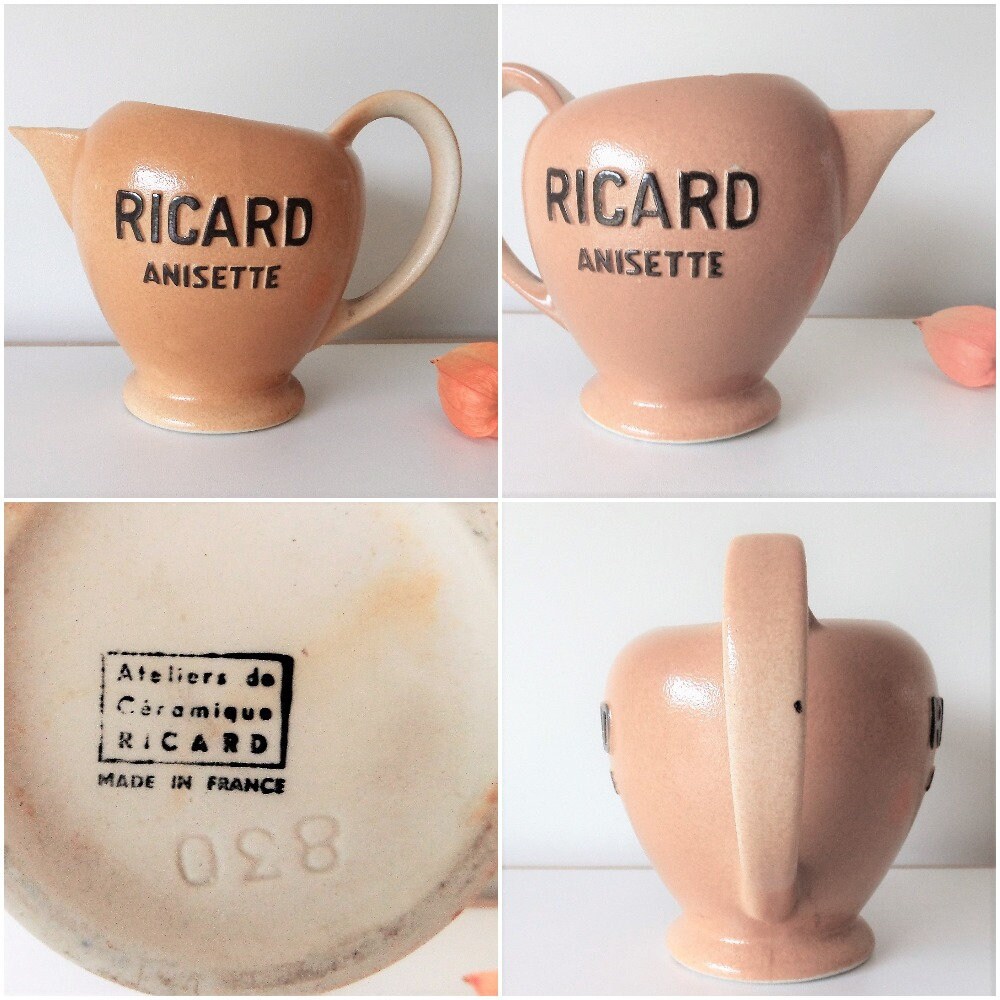 Français Vintage 1 Litre Publicité Ricard Bistro Pichet en Céramique d'eau Jug