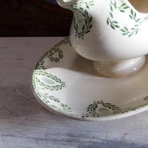 Antique Français Green Transferware Sauce Boat, Gravy Boat, Sauciere, White Ironstone image 3