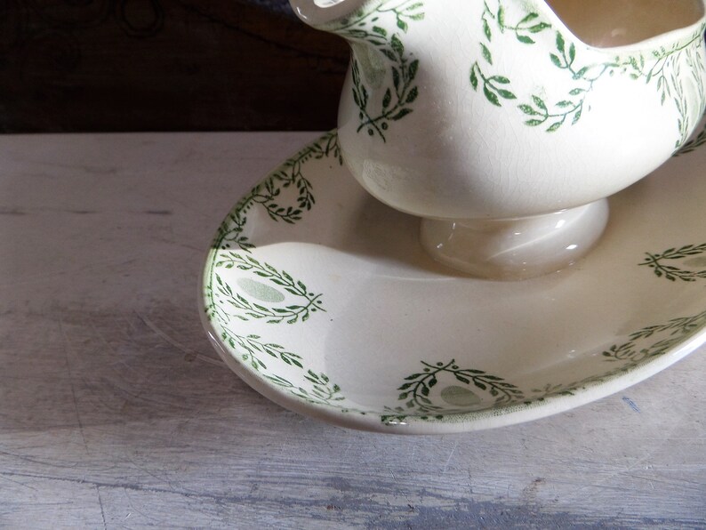 Antique Français Green Transferware Sauce Boat, Gravy Boat, Sauciere, White Ironstone image 3