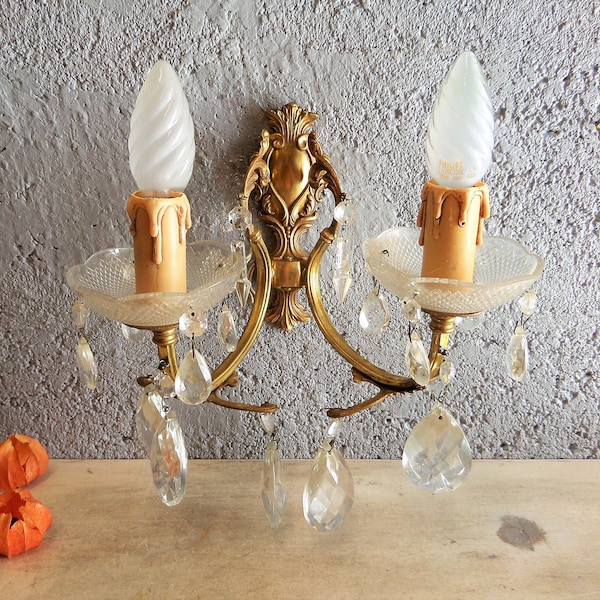 Antique Massive French Bronze Napoleon III Style Crystal Beads Enhanced   Light Wall Sconce .