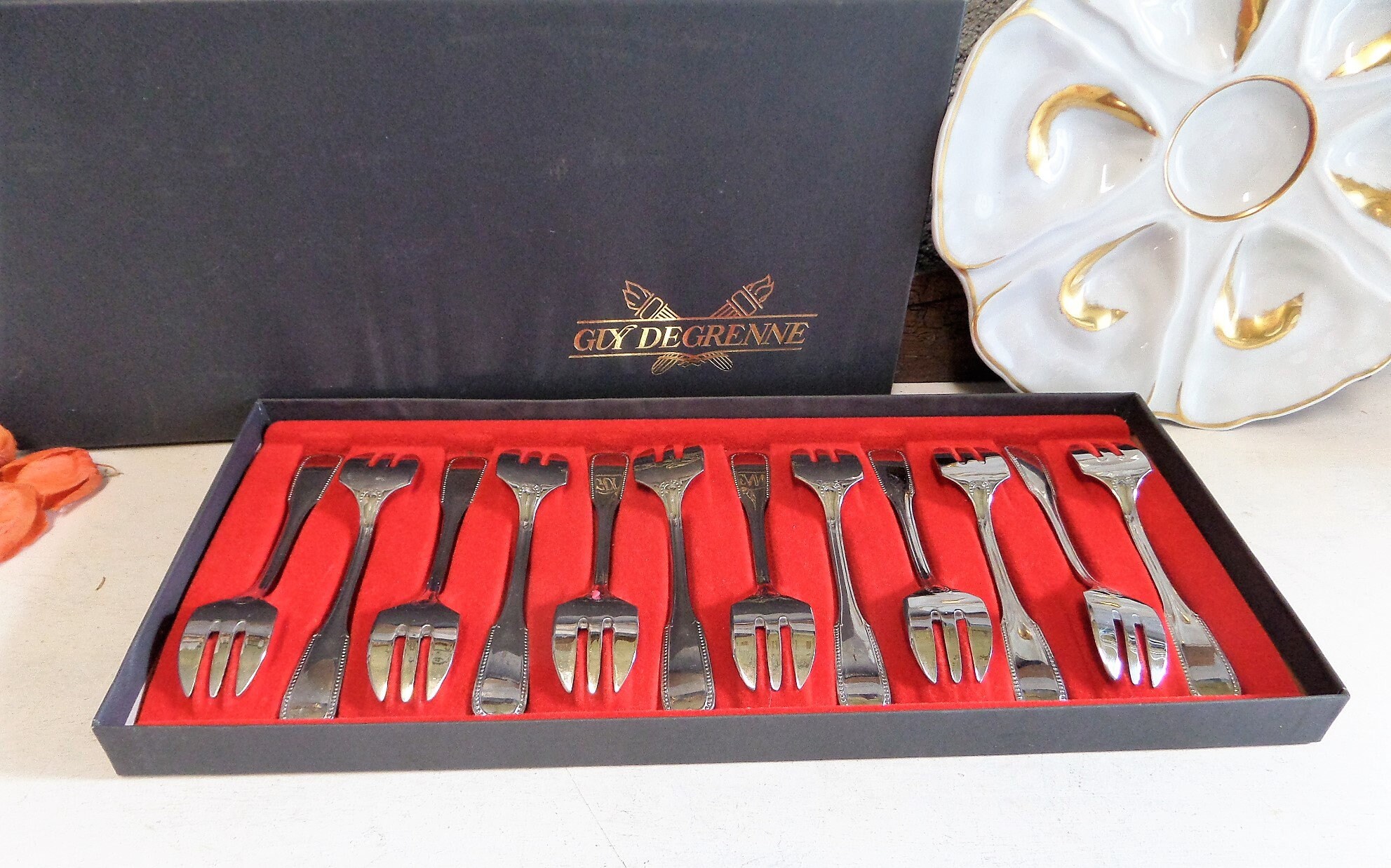 Français Fourchettes à Huîtres Argentées Coffret de 12 Menthe Condition