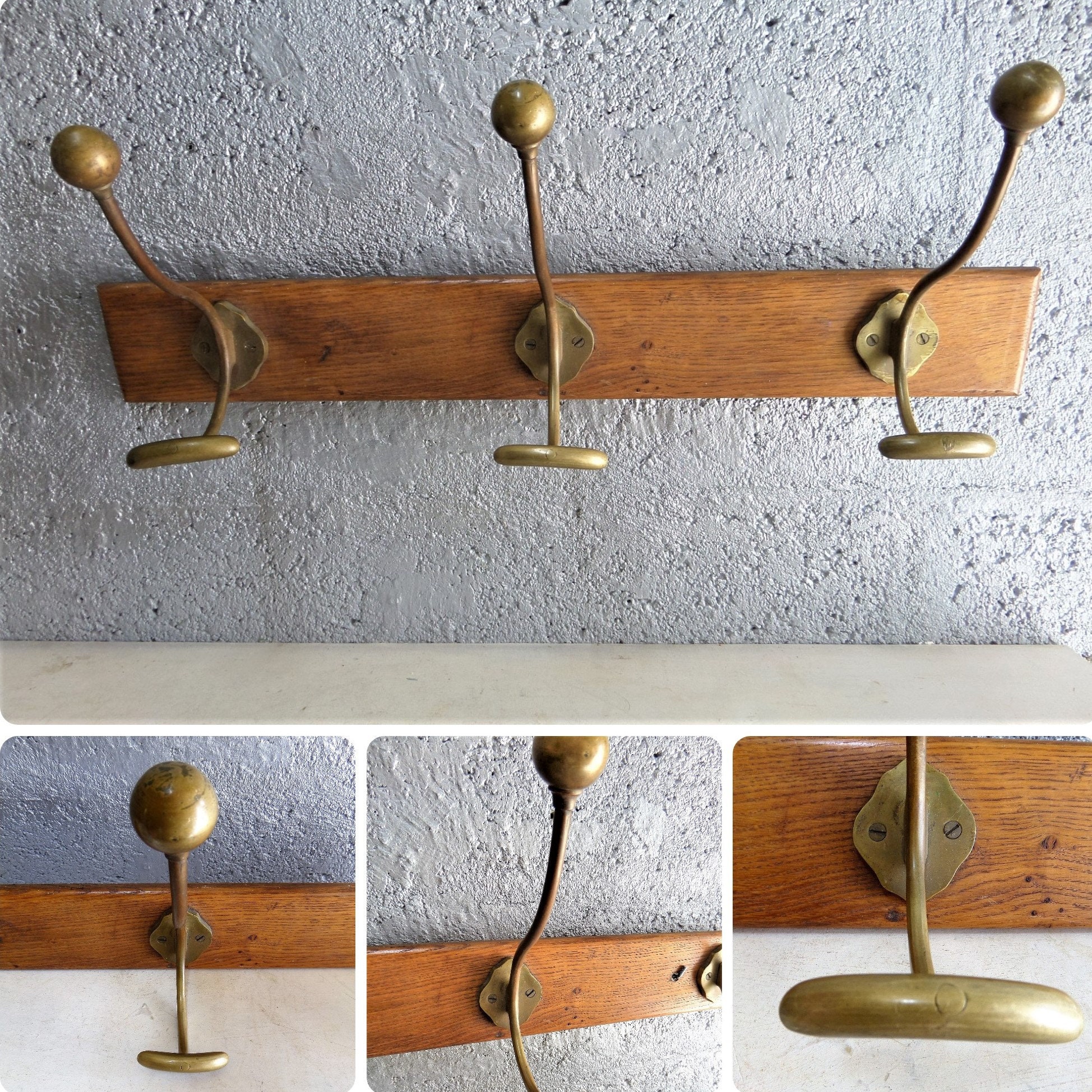 Antique Brass Triple Swivel Swing Coat Hooks Wall Mounted Set Solid Vtg 3  Hook