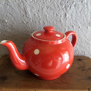 Vintage  Faience Tea Pot Red Polka Dots Confettis 1960s