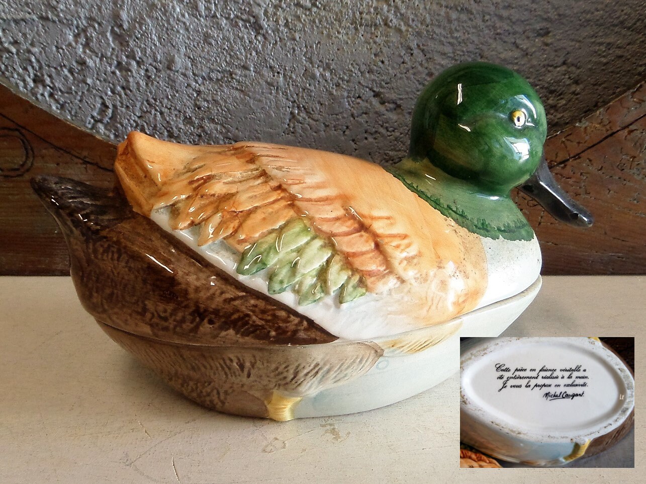 Français Vintage Faience Duckterrine Sweet Box Par Michel Caugant