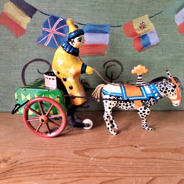 Vintage LEHMANN Made in RUSSIA Litho Wind-up Tin Toy  Clown circus .