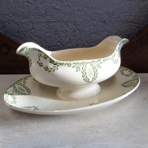 Antique Français Green Transferware Sauce Boat, Gravy Boat, Sauciere, White Ironstone image 2