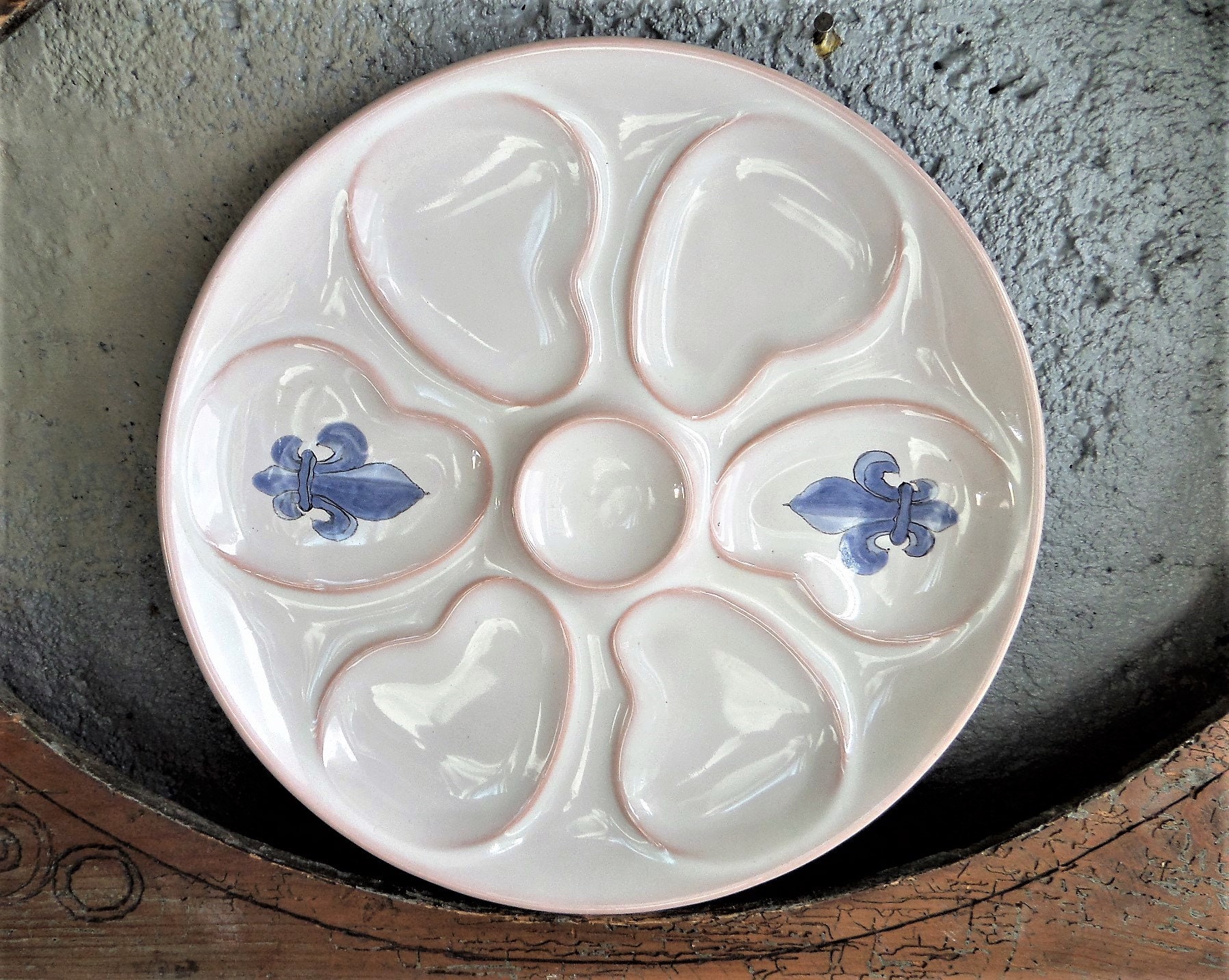 Assiette d'huîtres Vintage Français Henriot Quimper Fleur de Lys Cottage Chic Decor