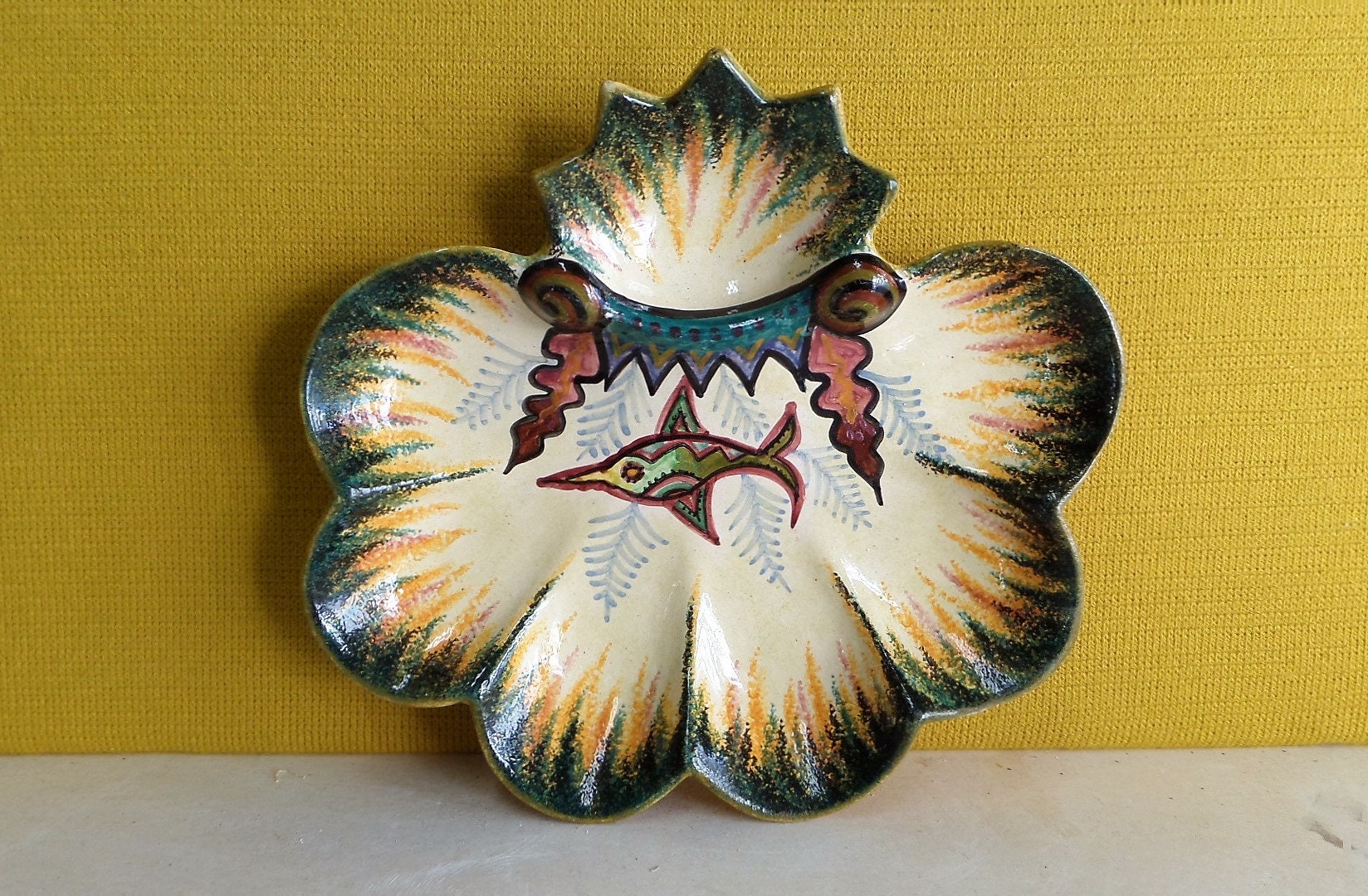 Vintage Oytser Plate Français Majolica Hb Quimper Fouillen 60's