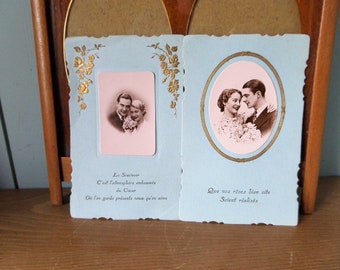 French Poem Gilded  Blue Photo Cards 1910s. sey of 2. Gift Quality.