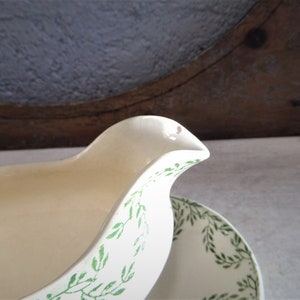 Antique Français Green Transferware Sauce Boat, Gravy Boat, Sauciere, White Ironstone image 5