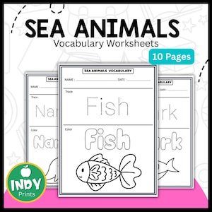 Sea Animals Vocabulary Worksheets, Printable Ocean Animal Tracing & Coloring Pages for Kids