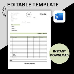 Editable Invoice Template for Word | Simple Business Invoice | Easy to Customize | Printable Invoice | Small Business Billing Template