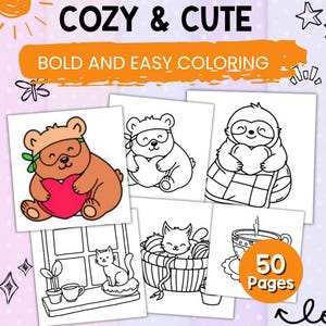 Cute and Comfy Coloring Book, Bold & Easy Digital Coloring Pages, printable pdf, Coco Wyo Style, instant download