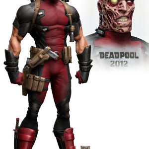 May include: A detailed illustration of Deadpool in a red and black costume, complete with a mask, two katanas, and various pouches. A separate image shows a gruesome, exposed head. The text "DEADPOOL 2012" is visible.