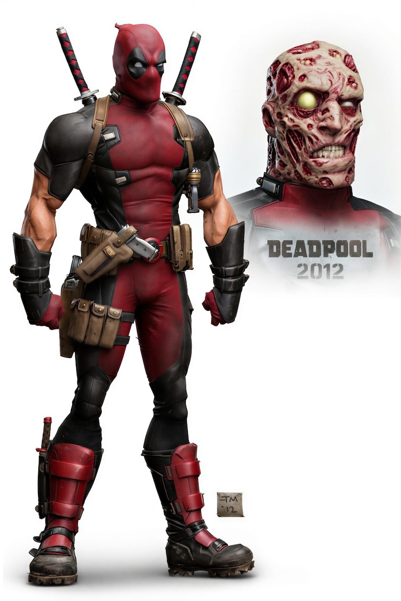 May include: A detailed illustration of Deadpool in a red and black costume, complete with a mask, two katanas, and various pouches. A separate image shows a gruesome, exposed head. The text "DEADPOOL 2012" is visible.