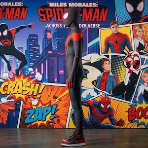 May include: A full-body Spider-Man costume in black and red, standing in front of a comic book-style backdrop. The backdrop features the words "Miles Morales: Spider-Man Across the Spider-Verse" and comic book sound effects like "Crash!" and "Zap!"