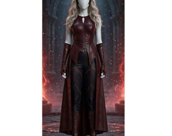 Scarlet Witch Inspire Red Leather Cosplay | Hexenheldin Halloween-Kostüm | Multiverse Red Bodysuit mit Krone | Fantasy Heldin Outfit für Frauen