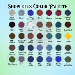 K&ouml;nnte beinhalten: Eine Farbpalette mit der Aufschrift "SHOPLETUS COLOR PALETTE" mit verschiedenen Farbfeldern. Zu den Farben geh&ouml;ren Light Golden, Silver, Blue Crocodile, Red, Maroon und mehr. Jede Farbe wird in einem kreisf&ouml;rmigen Farbfeld mit dem Farbnamen darunter angezeigt.