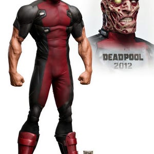 May include: A digitally rendered image of Deadpool in a red and black costume. The image includes a close-up of a disfigured face and the text "DEADPOOL 2012". The costume features red boots and a black and red suit.