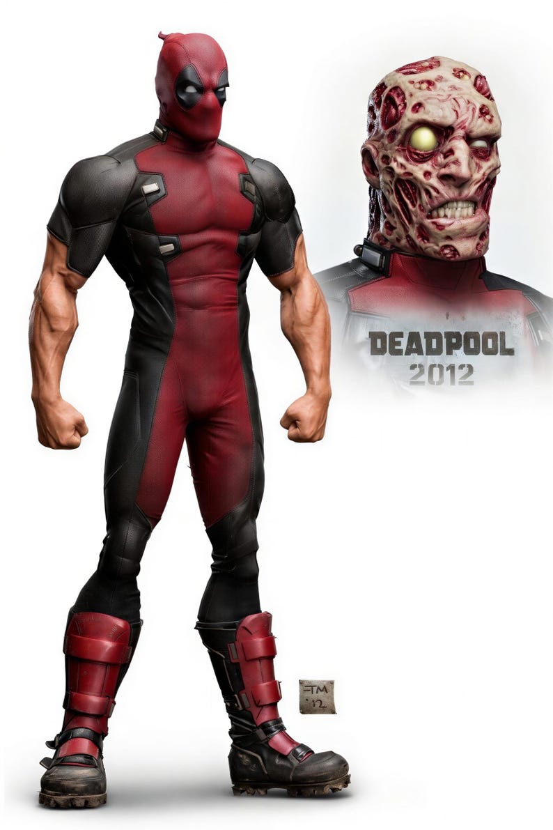 May include: A digitally rendered image of Deadpool in a red and black costume. The image includes a close-up of a disfigured face and the text "DEADPOOL 2012". The costume features red boots and a black and red suit.