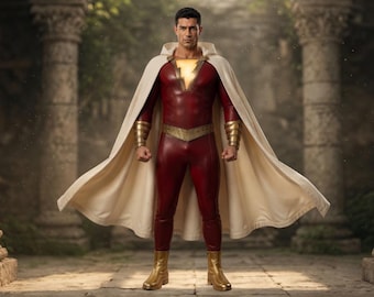 Shazam Leather Cosplay Costume - Dc Universe Superhero Cape Outfit -Handmade Premium Cowhide leather Comic Fans Gift -Comi Con Superhero Set