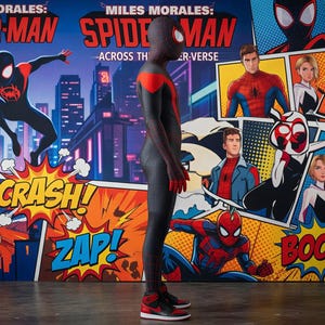 May include: A person in a black and red Spider-Man costume stands in front of a comic book-style backdrop. The backdrop features the words "Miles Morales: Spider-Man Across the Spider-Verse" and comic book sound effects like "Crash!" and "Zap!".
