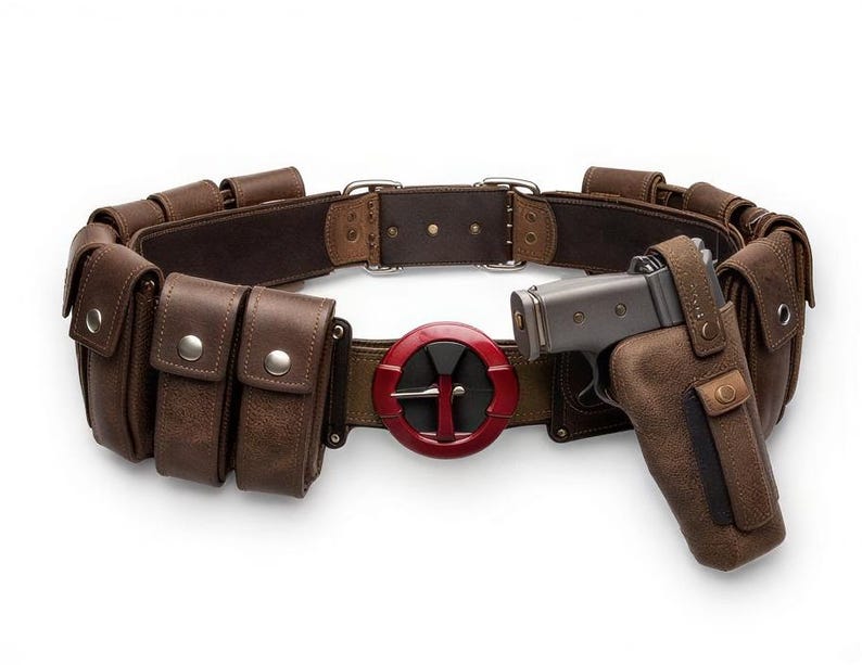 May include: A brown leather utility belt with multiple pouches and a holster for a silver handgun. The belt features a red and black circular buckle. The pouches have silver button closures. The belt is designed for cosplay or costume use.