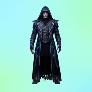 May include: A black hooded coat with blue circuit-like accents and a leather vest. The coat features a long, flowing design with a tattered hemline. The outfit has a gothic or fantasy theme.
