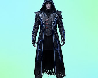 May include: A black hooded coat with blue circuit-style detailing and a leather vest. The coat has a long, flowing design with a tattered hemline. The outfit has a gothic or fantasy theme.