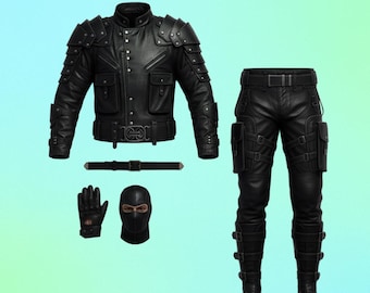 Tactical Black Leather Ninja Suit | Assassin Gear, Cyberpunk Cosplay, Urban Warrior Outfit, Stealth Special Ops Costume, Tactical Pockets