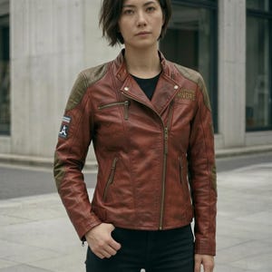 May include: A brown leather jacket with a classic biker style. The jacket features a zip-up front, multiple pockets, and olive green shoulder accents. Patches with text and an "A" are visible on the sleeves. The jacket is worn over a black shirt.