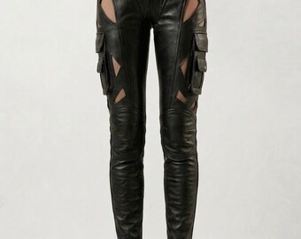 Gothic Black Leather Cut Out Cargo Pants | Cyberpunk High Waisted Aesthetic Steampunk Trousers | Handmade Cowhide Leather Streetwear Pant