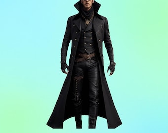 Handmade Men’s Leather Long Coat | Genuine Cowhide Trench Jacket | Gothic Cosplay Festival Wear | Winter Steampunk Outerwear Fashion