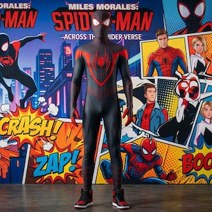 May include: A person in a black and red Spider-Man costume stands in front of a comic book-style backdrop. The backdrop features the words "Miles Morales: Spider-Man Across the Spider-Verse" and comic book sound effects like "Crash!" and "Zap!"