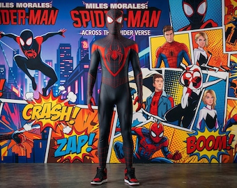 Miles Spiderman inspirierter Cosplay-Anzug für Männer - Schwarzer und roter Helden-Bodysuit mit Netz - Premium Spandex Digital Print Jumpsuit - Comics Heldenanzug