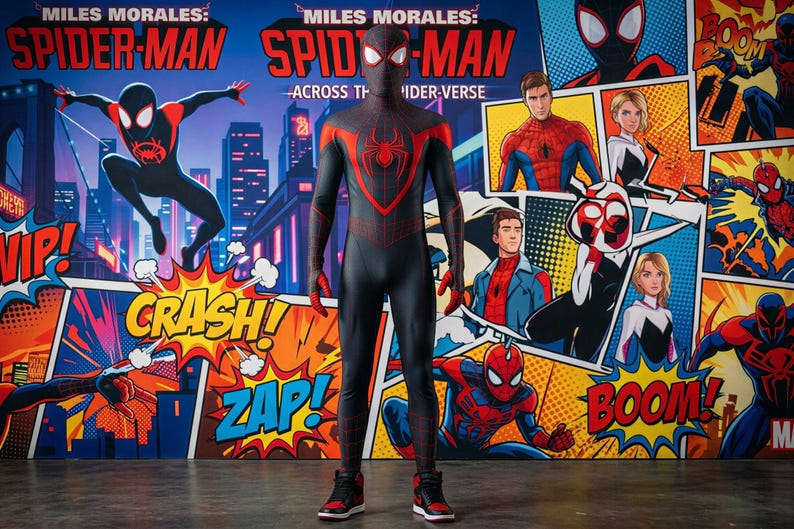May include: A person in a black and red Spider-Man costume stands in front of a comic book-style backdrop. The backdrop features the words "Miles Morales: Spider-Man Across the Spider-Verse" and comic book sound effects like "Crash!" and "Zap!"