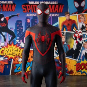 May include: A black and red Spider-Man costume with a spider emblem on the chest. The costume has a webbed design and red accents. The background features comic book-style graphics and the text "MILES MORALES: SPIDER-MAN ACROSS THE SPIDER-VERSE".