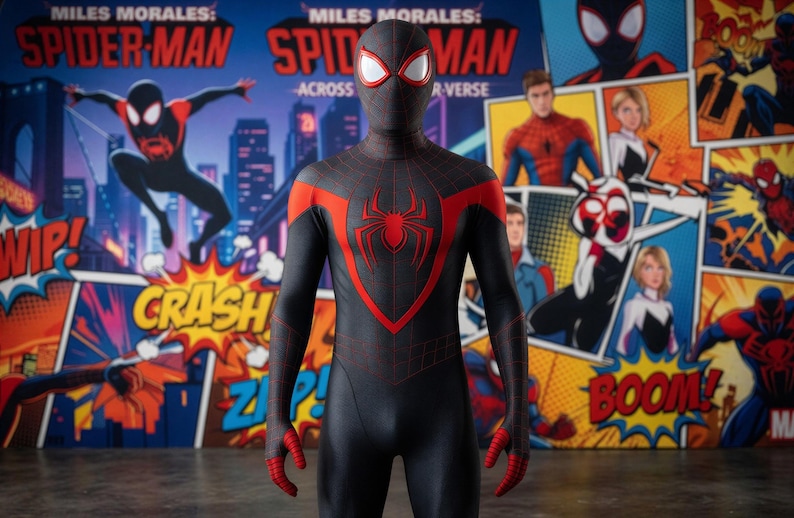 May include: A black and red Spider-Man costume with a spider emblem on the chest. The costume has a webbed design and red accents. The background features comic book-style graphics and the text "MILES MORALES: SPIDER-MAN ACROSS THE SPIDER-VERSE".