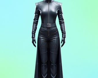 Sci-Fi Fierce Women's Black Gothic Cyber Assassin Leather Combat Costume - High-Neck Cowhide Tactical LARP Fantasy Cosplay Warrior Jumpsuit