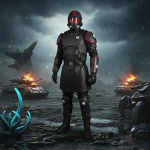 May include: A person in a black combat suit with a red-striped helmet and red-tinted visor stands in a war-torn landscape. The suit has shoulder pads, elbow pads, and knee pads with skull emblems. Tanks and a jet are in the background.