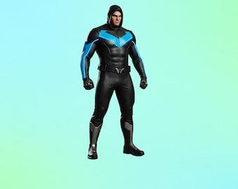 Nightwing Kostüm | Kunstleder Superhelden-Anzug mit Kapuze | Black & Blue Cosplay Kostüm | Halloween |Comic Con | Biker Jacke Stil Uniform