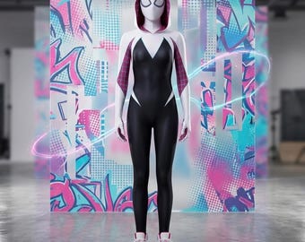 Ghost-Spider Interdimensional Stealth Suit - White & Pink Hooded Superhero Bodysuit -Spider-Gwen Inspired Premium Spandex Jumpsuit For Her