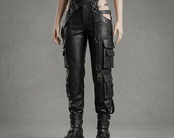 Gothic Black Leather Cargo Pants With Hip Cut Outs |Cyberpunk Techwear Utility Pants | HandmadeCowhide Leather Multi Pocket Streetwear Pants