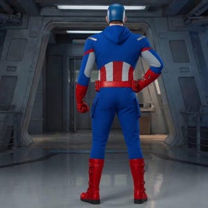 K&ouml;nnte beinhalten: Eine Person in einem Captain America-Kost&uuml;m, von hinten gesehen. Das Kost&uuml;m ist haupts&auml;chlich blau mit roten und wei&szlig;en Akzenten, einschlie&szlig;lich eines Brustemblems und eines G&uuml;rtels. Die Person tr&auml;gt einen blauen Helm, rote Stiefel und Handschuhe.