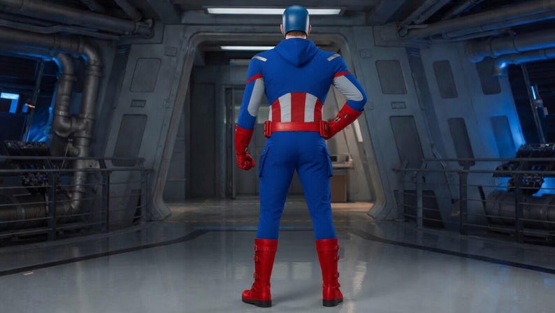 K&ouml;nnte beinhalten: Eine Person in einem Captain America-Kost&uuml;m, von hinten gesehen. Das Kost&uuml;m ist haupts&auml;chlich blau mit roten und wei&szlig;en Akzenten, einschlie&szlig;lich eines Brustemblems und eines G&uuml;rtels. Die Person tr&auml;gt einen blauen Helm, rote Stiefel und Handschuhe.